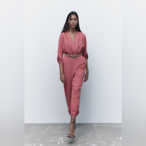 ZARA Blush Belted V-neck Jumpsuit - Picture 1 of 8